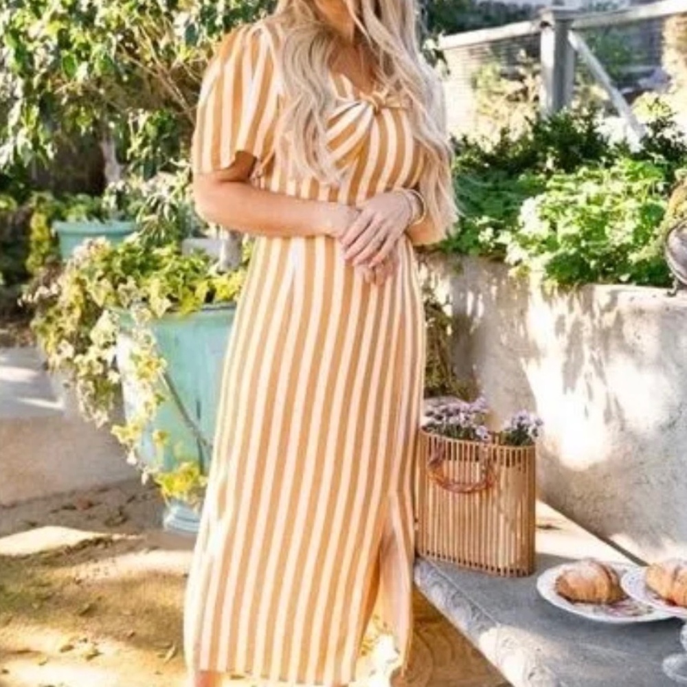 Striped Vintage-Inspired Dress in White & Mustard XL (Ivy City Co)